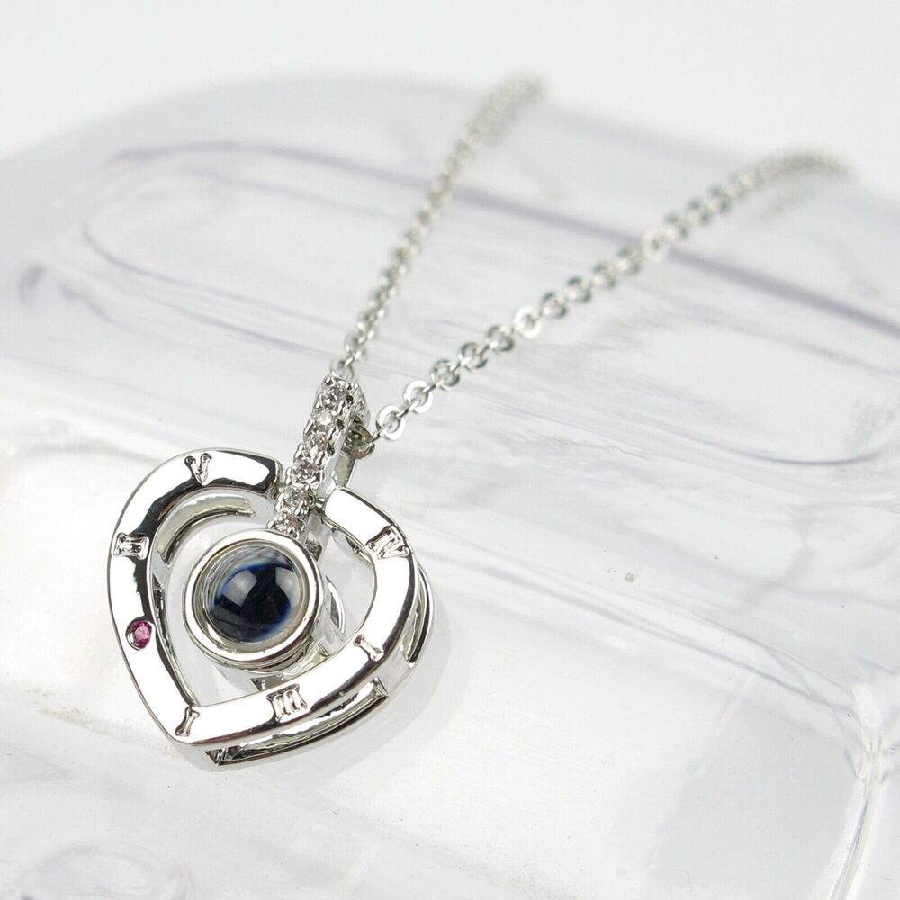 Heart Necklace I LOVE YOU in 100 Languages Projection Heart Silver Plated Love
